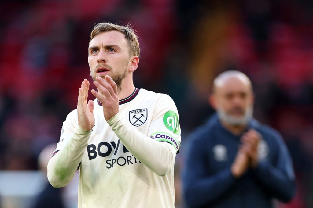Jarrod Bowen claps the West Ham United fans after they lose to Liverpool in the Premier League.