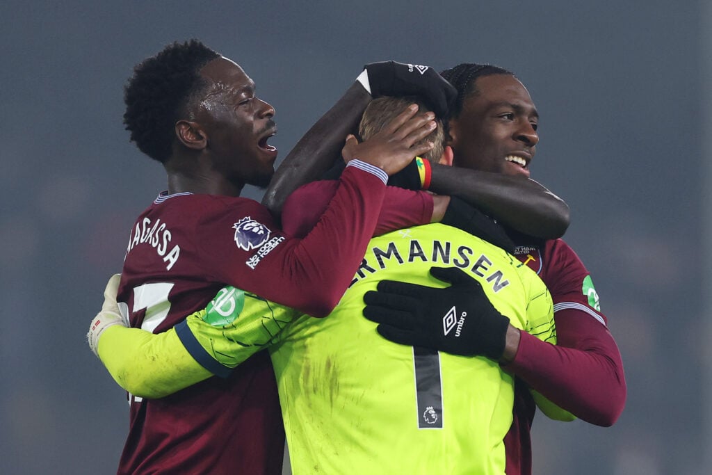Soungoutou Magassa, Mads Hermansen and Axel Disasi celebrate after Fulham v West Ham United - Premier League
