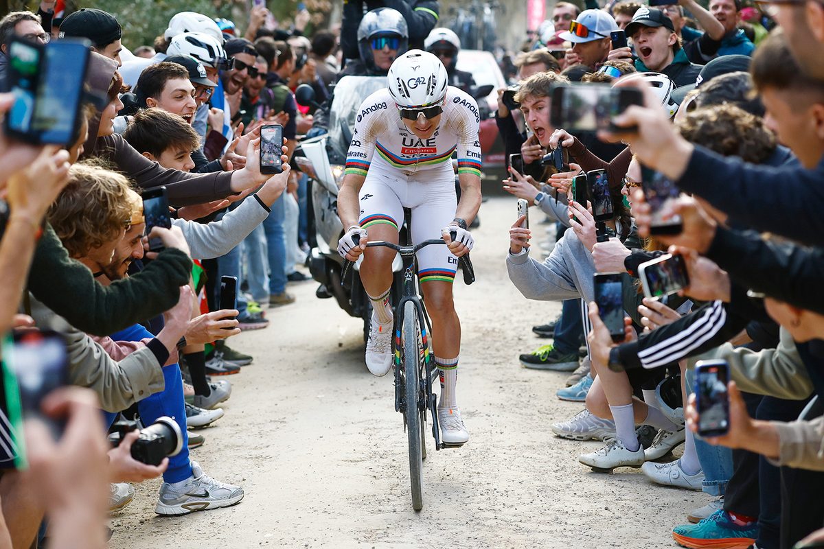 Tadej Pogačar at the 2026 Strade Bianche.
