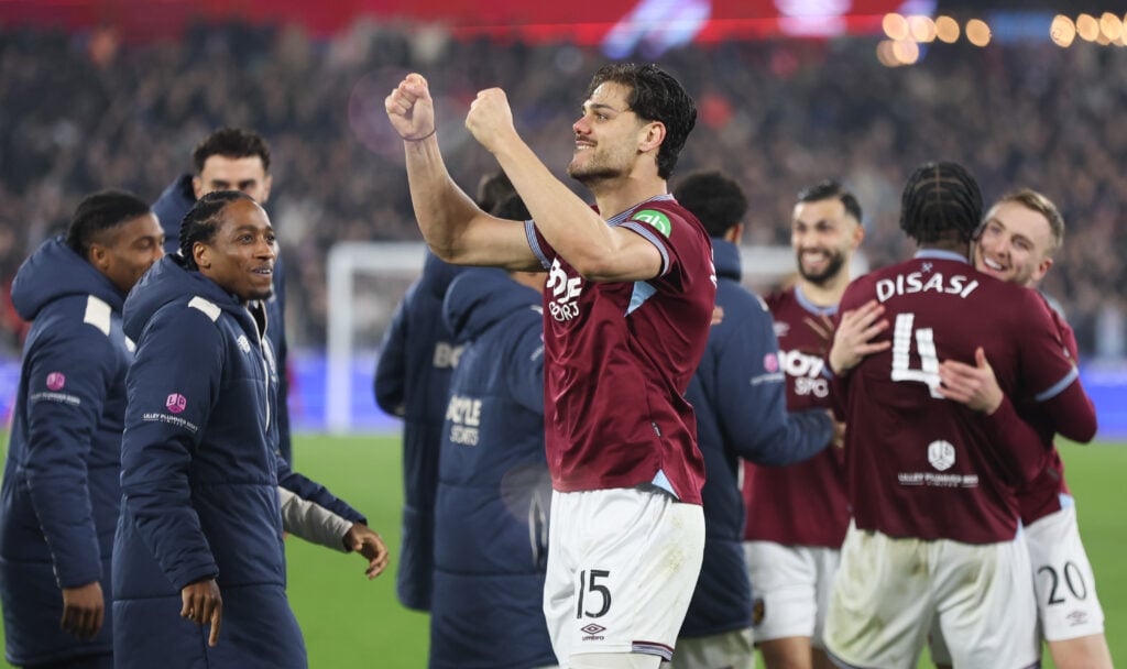 Konstantinos Mavropanos celebrates after West Ham United v Brentford - Emirates FA Cup Fifth Round