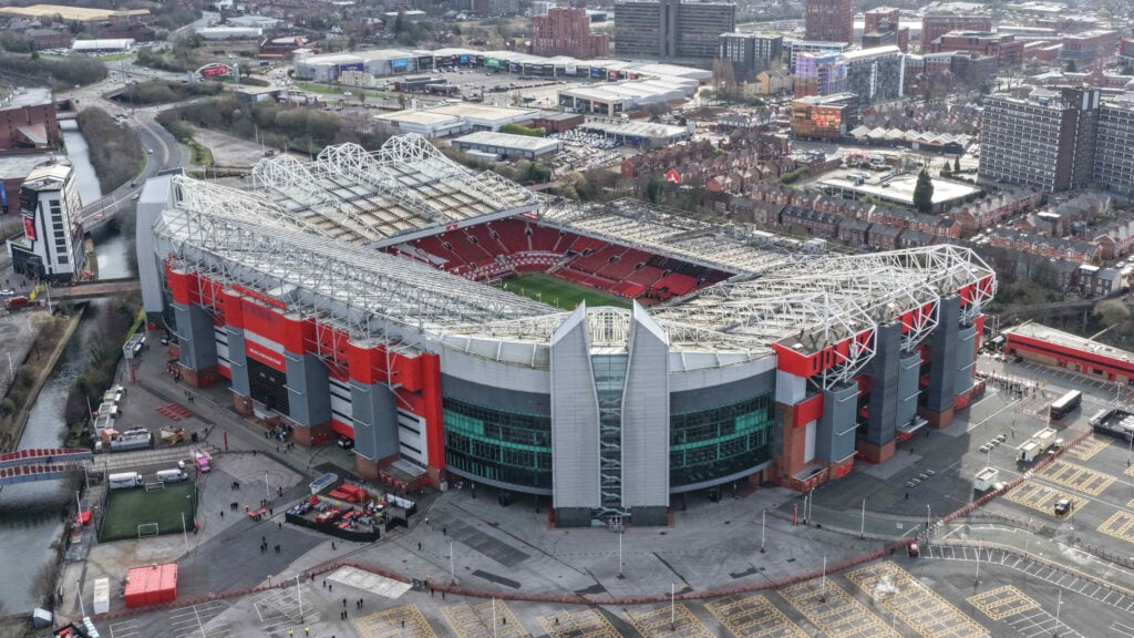 An aerial view of Old Trafford during the Premier League match between Manchester United and Aston Villa in Manchester, United Kingdom, on March 15, 2026.