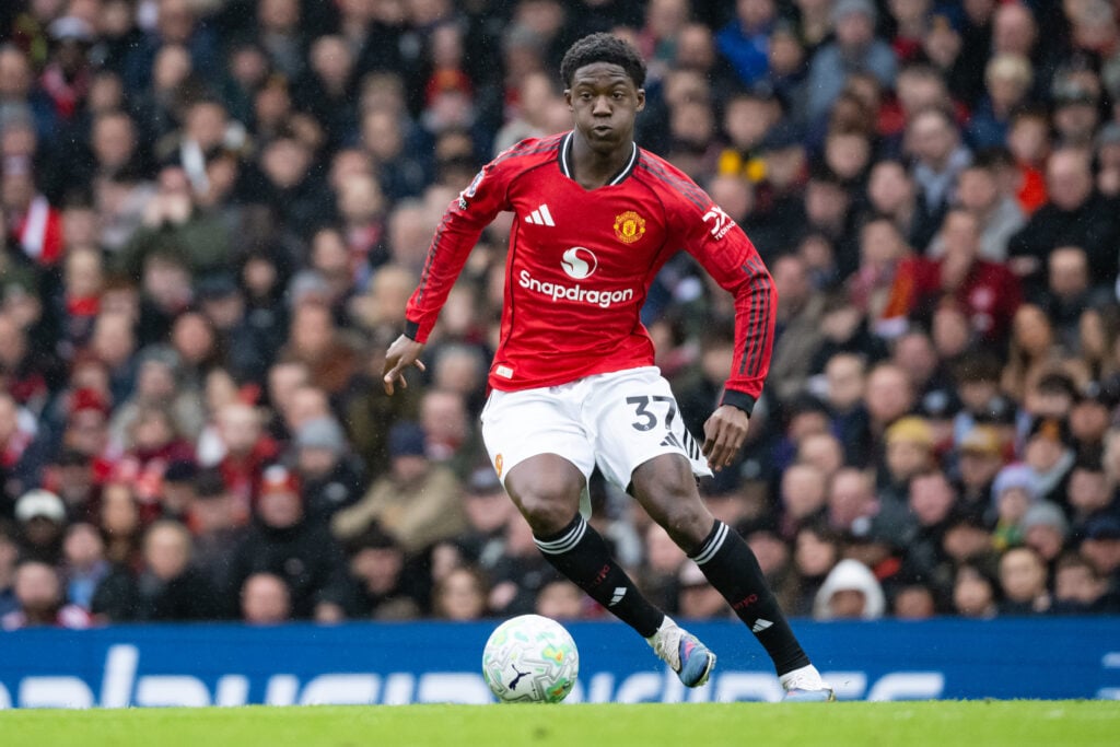 Kobbie Mainoo in action during the Premier League match between Manchester United and Aston Villa at Old Trafford in 2026 in Manchester, England.