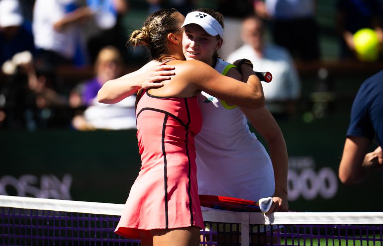 Aryna Sabalenka and Elena Rybakina react.