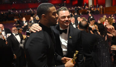 Leonardo DiCaprio reacts with Michael B. Jordan, winner of the best Actor award for Sinners after the 98th Oscars at Dolby Theatre on March 15, 2026 in Hollywood, California.