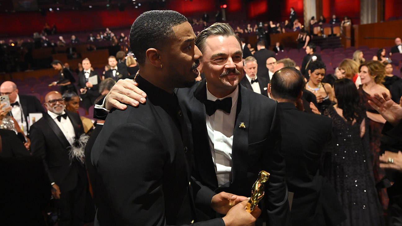 Leonardo DiCaprio reacts with Michael B. Jordan, winner of the best Actor award for Sinners after the 98th Oscars at Dolby Theatre on March 15, 2026 in Hollywood, California.