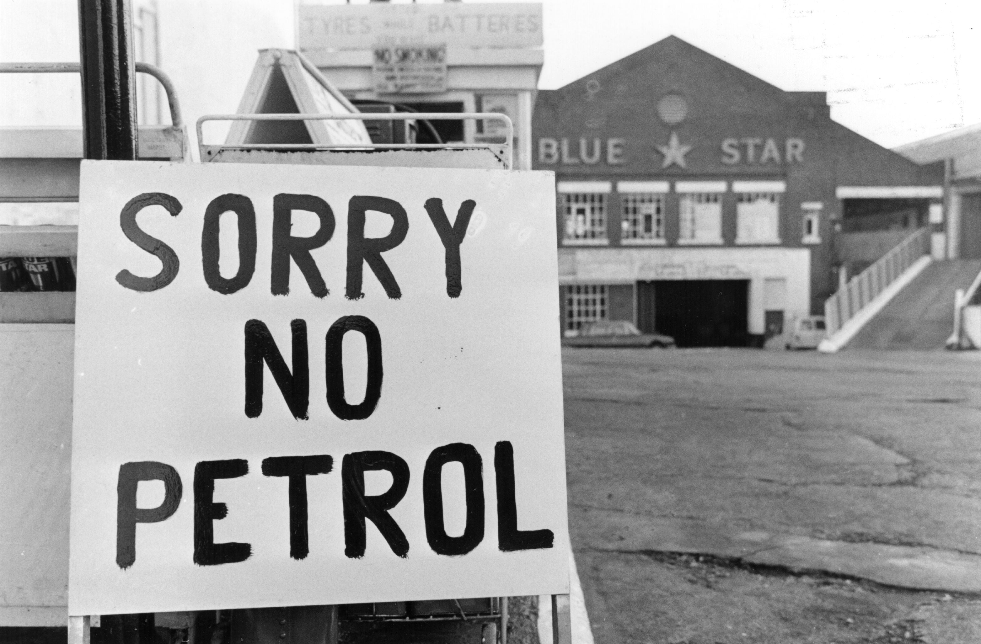 A petrol station shows a common sign during the 1973 fuel crisis, caused by similar geopolitical unrest in the Middle East