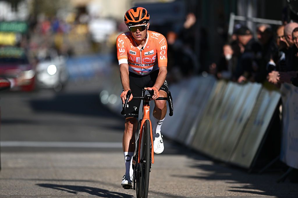 COLOMBIER-LE-VIEUX, FRANCE - MARCH 12: Oscar Onley of Great Britain and Team INEOS Grenadiers crosses the finish line during the 84th Paris-Nice 2026, Stage 5 a 206.3km stage from Cormoranche-sur-Saone to Colombier-le-Vieux 422m / #UCIWT / on March 12, 2026 in Colombier-le-Vieux, France. (Photo by Szymon Gruchalski/Getty Images)