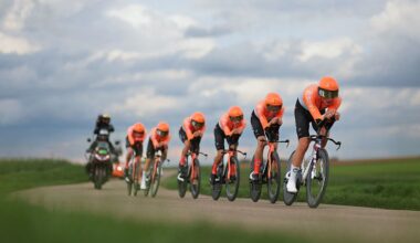 Ineos Grenadiers' riders compete during the 3rd stage of the Paris-Nice cycling race, 23.5 km team time-trial between Cosne-Cours-sur-Loire and Pouilly-sur-Loire, on March 10, 2026. (Photo by Anne-Christine POUJOULAT / AFP)