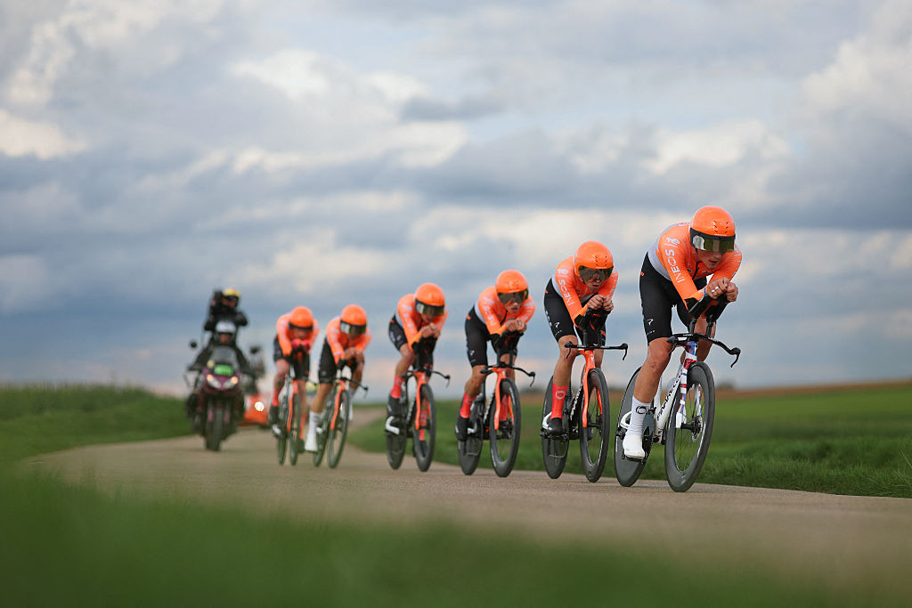 Ineos Grenadiers' riders compete during the 3rd stage of the Paris-Nice cycling race, 23.5 km team time-trial between Cosne-Cours-sur-Loire and Pouilly-sur-Loire, on March 10, 2026. (Photo by Anne-Christine POUJOULAT / AFP)