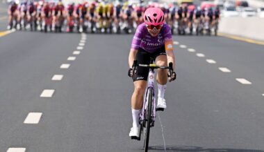 DUBAI, UNITED ARAB EMIRATES - FEBRUARY 06: Linda Laporta of Italy and Team BePink - Imatra - Bongioanni attacks during the 3rd UAE Tour Women, Stage 1 a 149km stage from Dubai Police Officer&amp;apos;s Club to Dubai Harbour / #UCIWWT / on February 06, 2025 in Dubai, United Arab Emirates. (Photo by Tim de Waele/Getty Images)