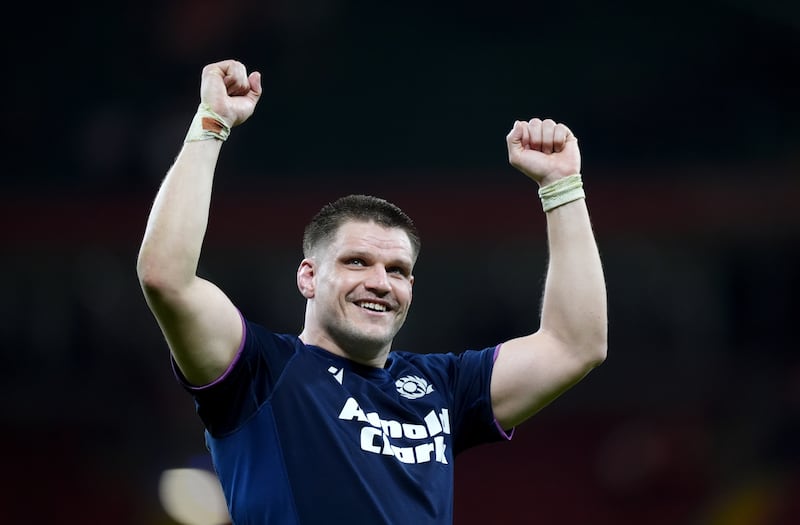 George Turner celebrates after Scotland's win over Wales at the Principality Stadium. Photograph: Mike Egerton/PA