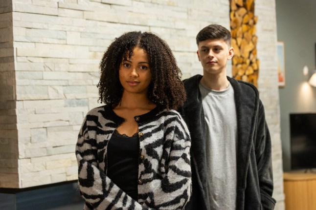 Kathleen-Angel and Ant pose in a Hollyoaks promo picture at The Dog flat