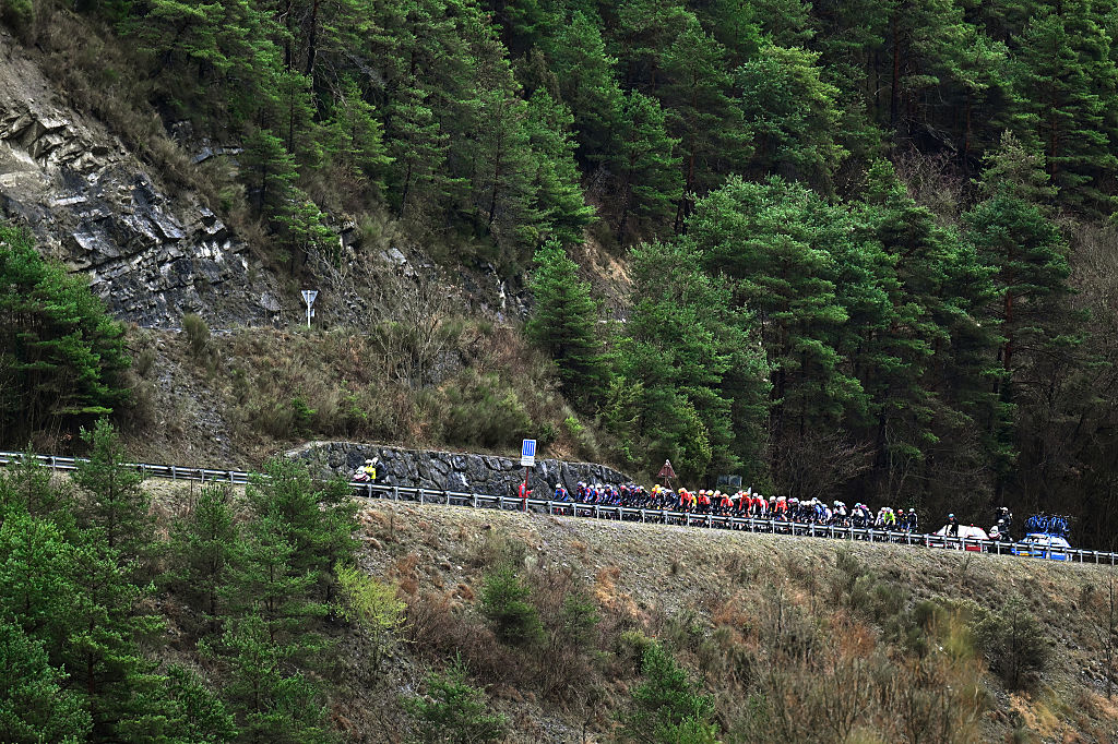 ISOLA, FRANCE - MARCH 14: A general view of the peloton prior to the 84th Paris-Nice 2026, Stage 7 a 47km stage from Pont Louis Nucera to Isola 855m / Stage shortened due to adverse weather conditions / #UCIWT / on March 14, 2026 in Pont Louis Nucera, France. (Photo by Szymon Gruchalski/Getty Images)