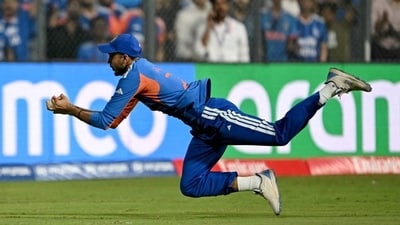 Axar Patel puts in a full-length dive to dismiss Harry Brook. (AFP)