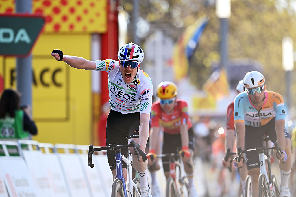 VILA-SECA, SPAIN - MARCH 25: Dorian Godon of France and Team INEOS Grenadiers - Green Leader Jersey celebrates at finish line as stage winner during the 105th Volta a Catalunya 2026, Stage 3 a 159.4km stage from Mont-roig del Camp to Vila-seca / #UCIWT / on March 25, 2026 in Vila-seca, Spain. (Photo by Szymon Gruchalski/Getty Images)