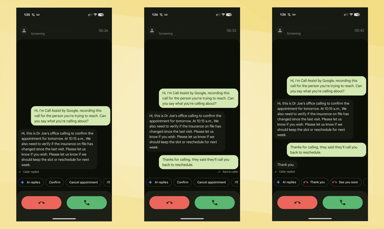 Galaxy S26 Ultra vs Pixel 10 Pro XL Call Screen screenshots.
