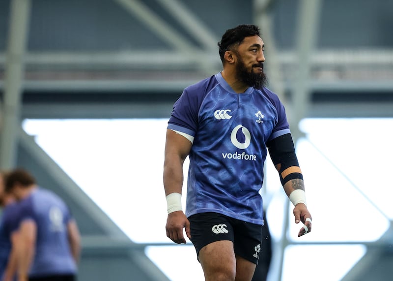 Bundee Aki during an Ireland training session on Monday. Photograph: Ben Brady/Inpho 