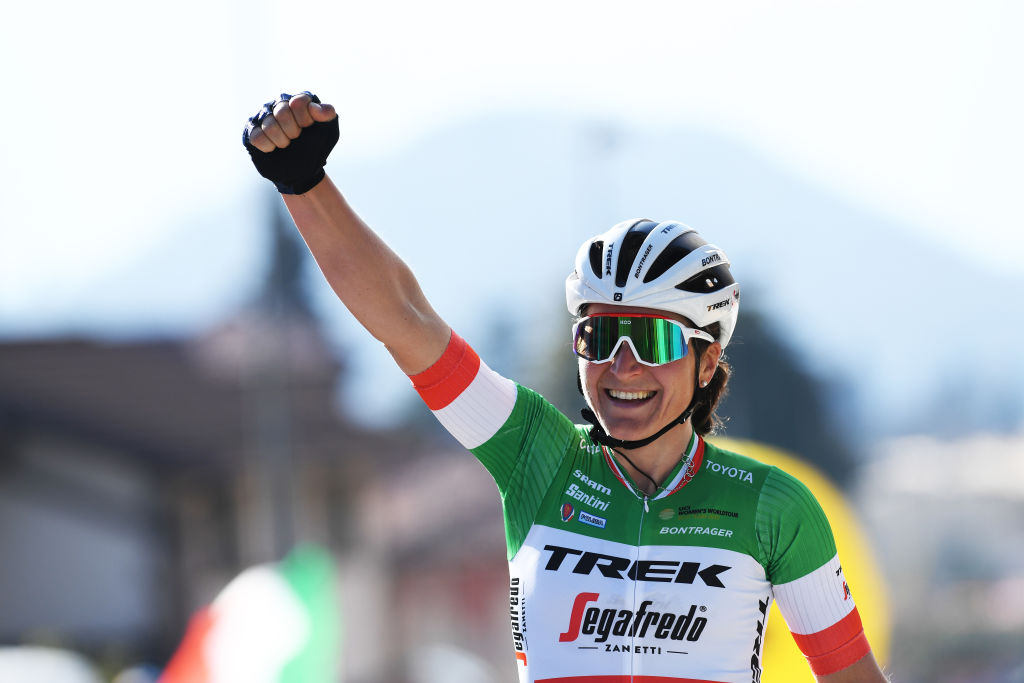 CITTIGLIO, ITALY - MARCH 21: Arrival / Elisa Longo Borghini of Italy and Team Trek - Segafredo Celebration, during the 45th Trofeo Alfredo Binda-Comune di Cittiglio 2021, Women's Elite a 141,8km stage from Cocquio Trevisago to Cittiglio 257m / #TrBinda / #UCIWWT / on March 21, 2021 in Cittiglio, Italy. (Photo by Tim de Waele/Getty Images)