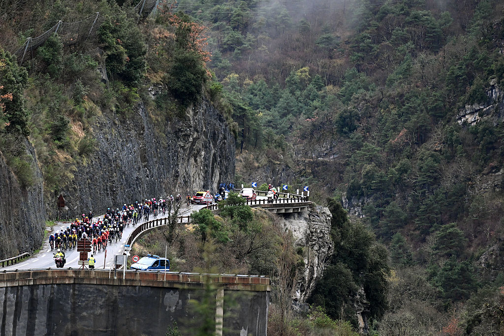 ISOLA, FRANCE - MARCH 14: A general view of the peloton prior to the 84th Paris-Nice 2026, Stage 7 a 47km stage from Pont Louis Nucera to Isola 855m / Stage shortened due to adverse weather conditions / #UCIWT / on March 14, 2026 in Pont Louis Nucera, France. (Photo by Szymon Gruchalski/Getty Images)