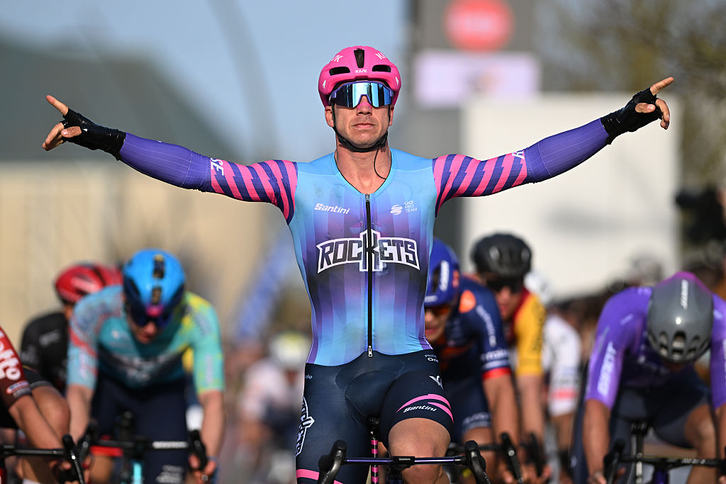 KOKSIJDE, BELGIUM - MARCH 20: Dylan Groenewegen of Netherlands and Team Unibet Rose Rockets celebrates at finish line as race winner during the 24th Bredene Koksijde Classic a 203.4km one day race from Oostende to Koksijde on March 20, 2026 in Koksijde, Belgium. (Photo by Luc Claessen/Getty Images)