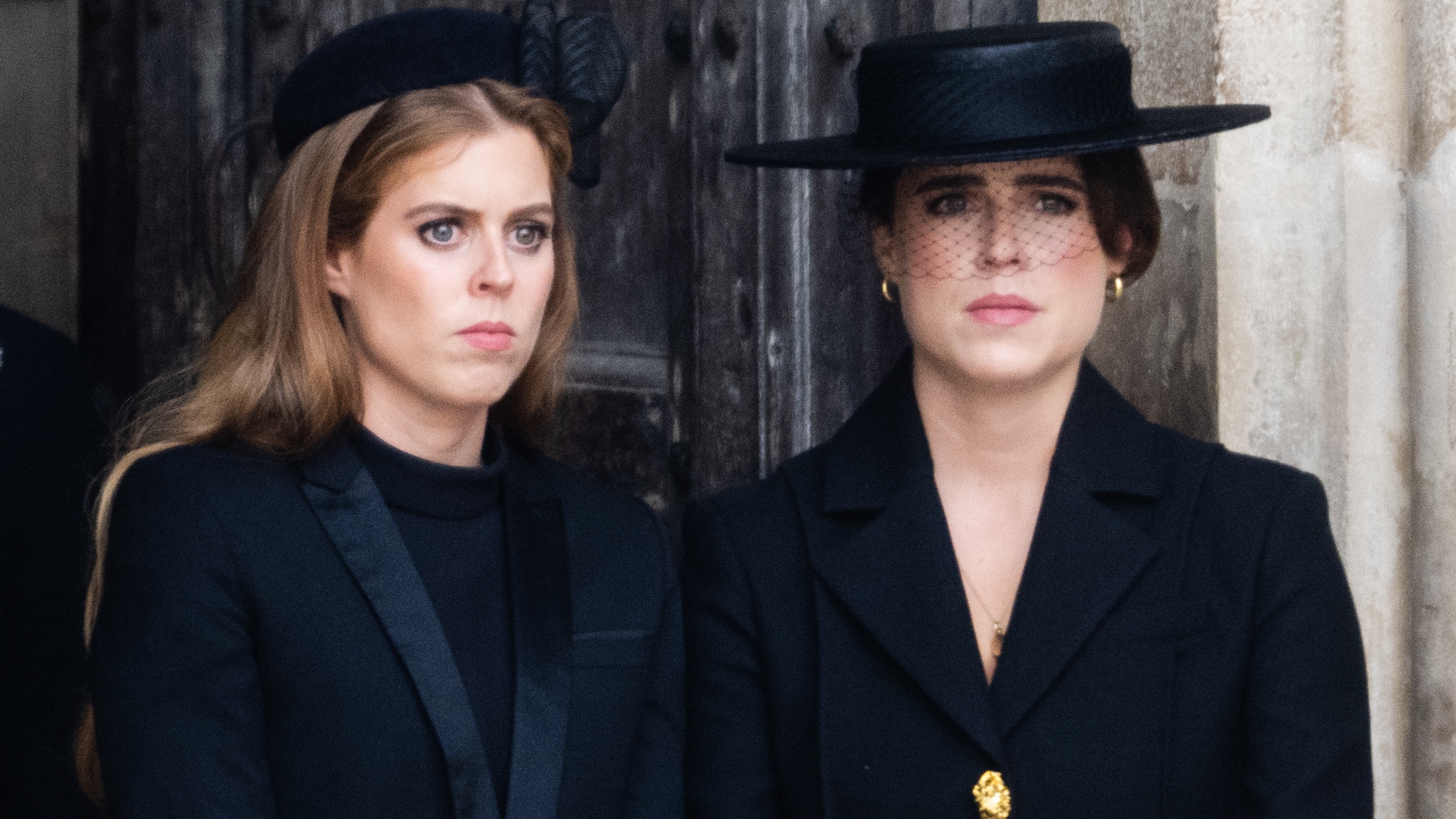 Princess Beatrice of York and Princess Eugenie of York during the State Funeral of Queen Elizabeth II at Westminster Abbey on September 19, 2022