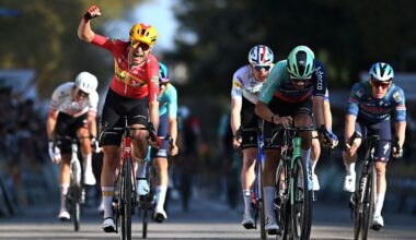 BANYOLES, SPAIN - MARCH 24: Stage winner Magnus Cort of Denmark and Team Uno-X Mobility celebrates at finish line as stage winner ahead of Noa Isidore of France and Team Decathlon CMA CGM during the 105th Volta a Catalunya 2026, Stage 2 a 167.4km stage from Figueres to Banyoles / #UCIWT / on March 24, 2026 in Banyoles, Spain. (Photo by Szymon Gruchalski/Getty Images)