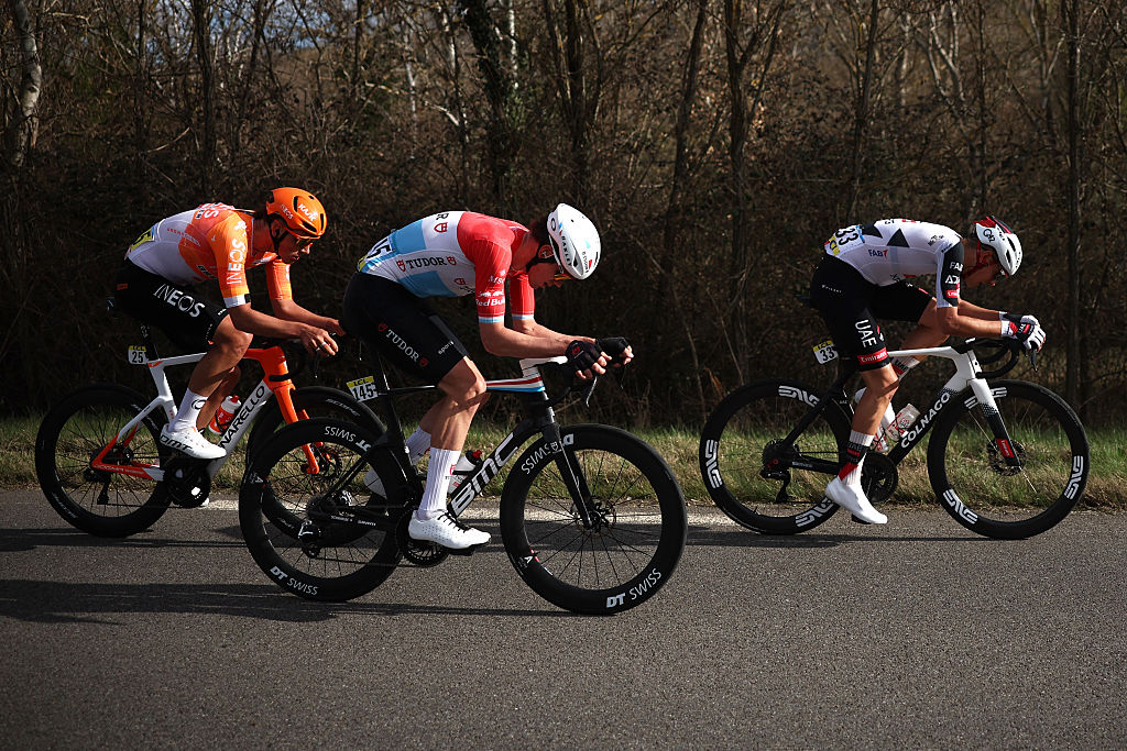 (From R) UAE Team Emirates - XRG's Spanish rider Igor Arrieta, Tudor Pro Cycling Team's Luxembourgish rider Arthur Kluckers, INEOS Grenadiers' British rider Joshua Tarling ride in a breakaway during the 6th stage of the Paris-Nice cycling race, 179.3 km between Barbentane and Apt, on March 13, 2026. (Photo by Anne-Christine POUJOULAT / AFP)