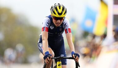 KIGALI, RWANDA - SEPTEMBER 25: Marion Bunel of Team France crosses the finish line during the 98th UCI Cycling World Championships Kigali 2025 - Women Under 23 Road Race a 119,3 km one day race from Kigali to Kigali on September 25, 2025 in Kigali, Rwanda. (Photo by Dario Belingheri/Getty Images)