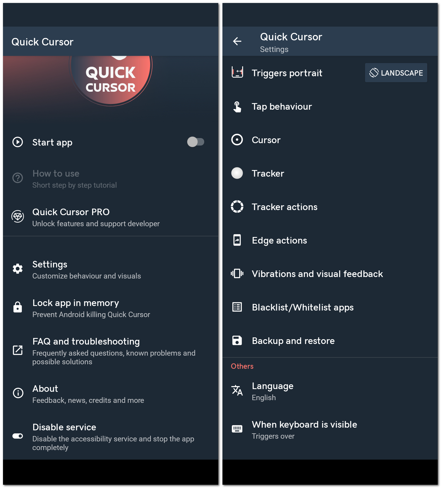 quick cursor full menu and detailed settings page