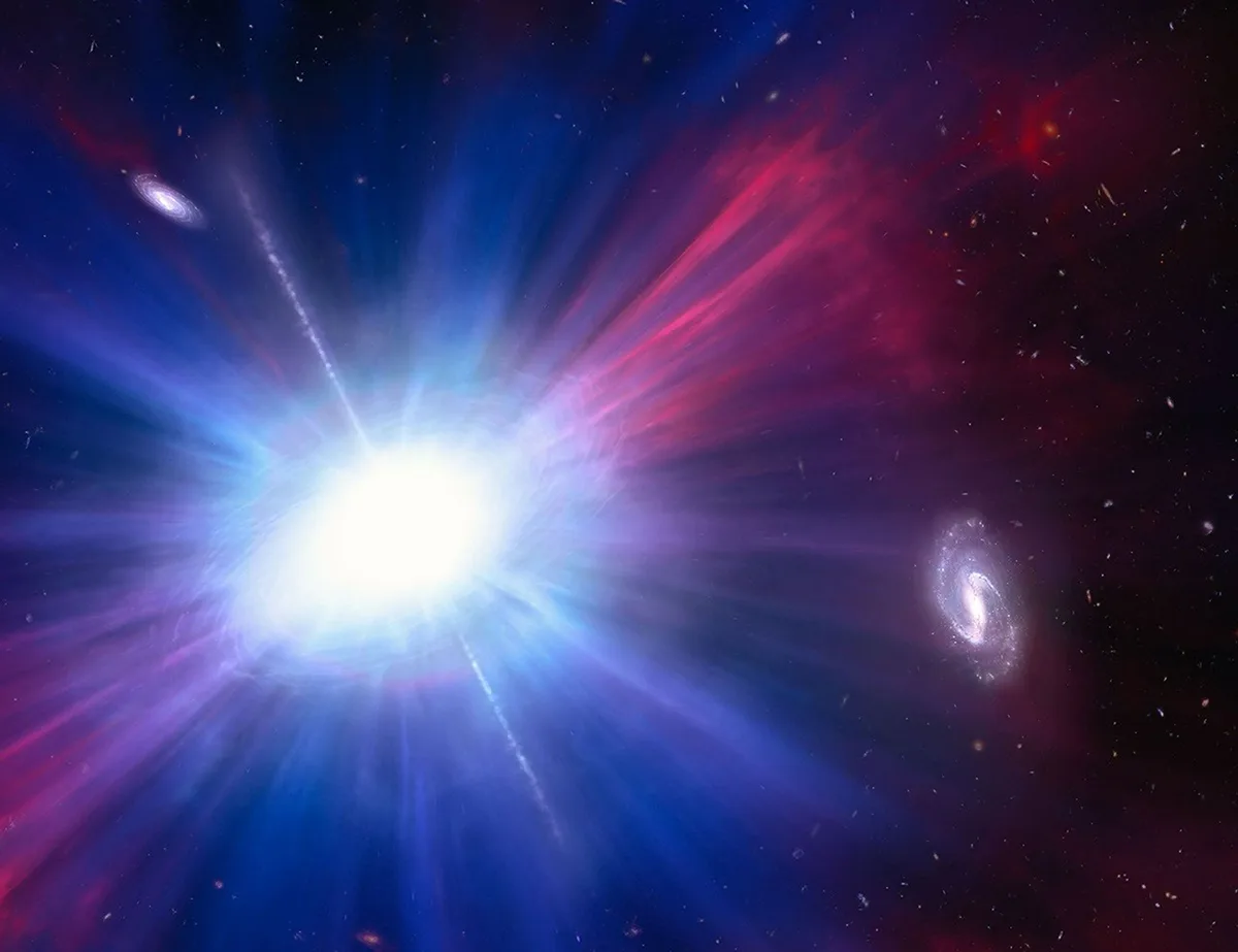 Artist's impression of one of brightest explosions ever seen in space, a a Luminous Fast Blue Optical Transient. Credit: NASA, ESA, NSF’s NOIRLab, Mark Garlick, Mahdi Zamani