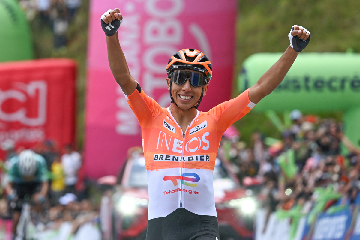 Colombia's cyclist Egan Bernal crosses the finish line to win the National Road Cycling Championships in Zipaquira, Colombia, on February 8, 2026. (Photo by RAUL ARBOLEDA / AFP via Getty Images)