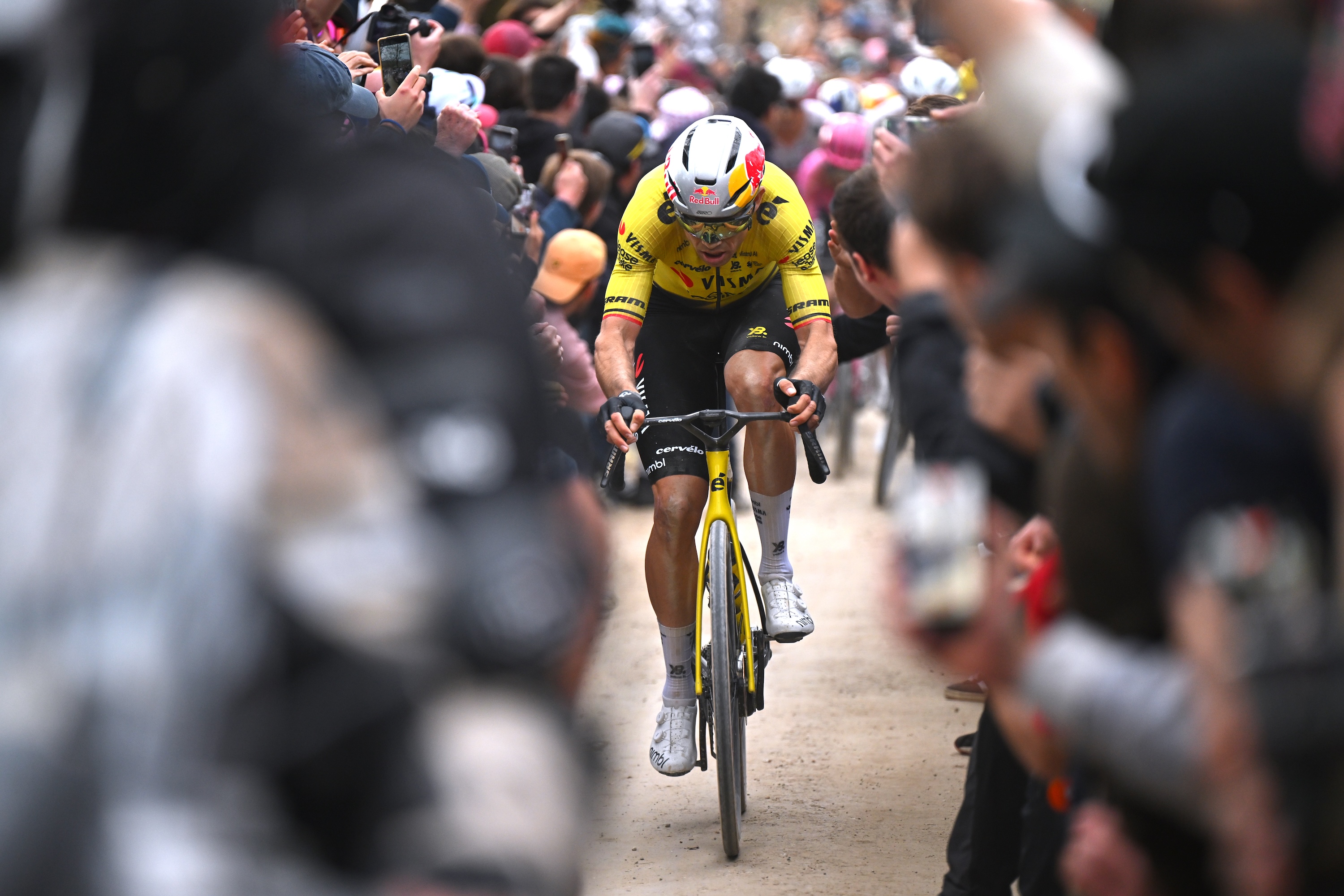SIENA, ITALY - MARCH 07: Wout van Aert of Belgium and Team Visma | Lease a Bike competes in the chase group during the 20th Strade Bianche 2026 a 203km one day race from Siena to Siena / #UCIWT / on March 07, 2026 in Siena, Italy. (Photo by Tim de Waele/Getty Images)