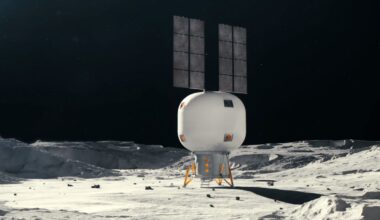 Artist's illustration of a white inflatable habitat on the moon.
