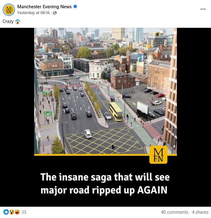 Manchester Evening News cycle lane Facebook post