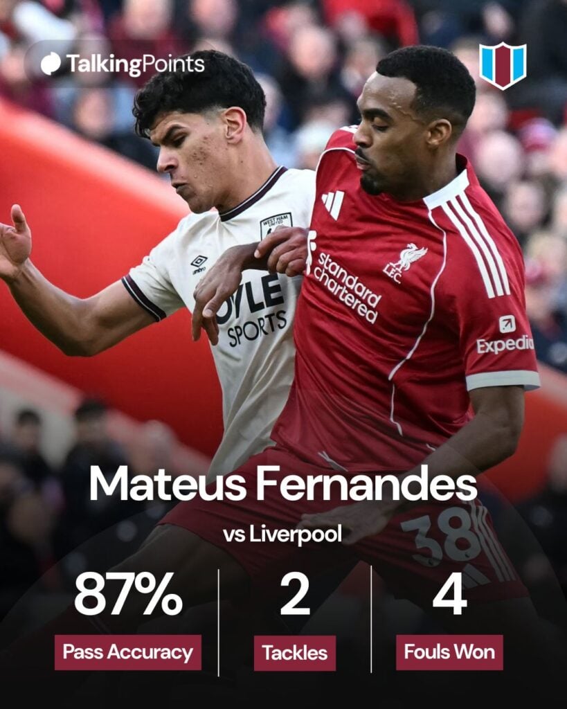 West Ham United's Portuguese midfielder #18 Mateus Fernandes (L) vies with Liverpool's Dutch midfielder #38 Ryan Gravenberch (R) during the English Premier League football match between Liverpool and West Ham United at Anfield in Liverpool, north west England on February 28, 2026.