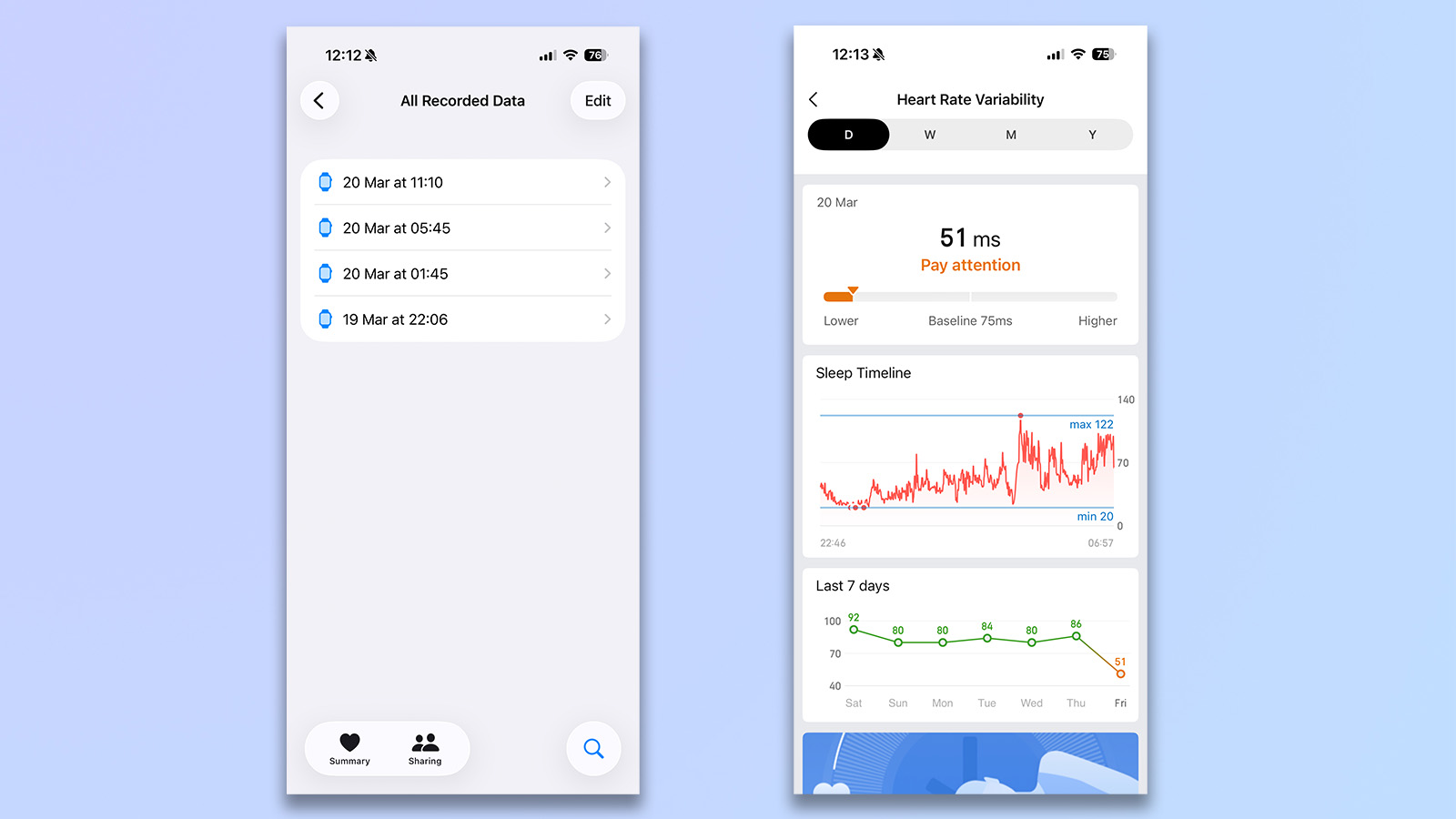 two screenshots from the apple health app and the zepp app showing sleep HRV