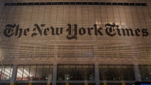 A view of the New York Times building on 8th Avenue during a snow storm on February 8, 2025 in New York City. (Credit: Craig T Fruchtman/Getty Images)
