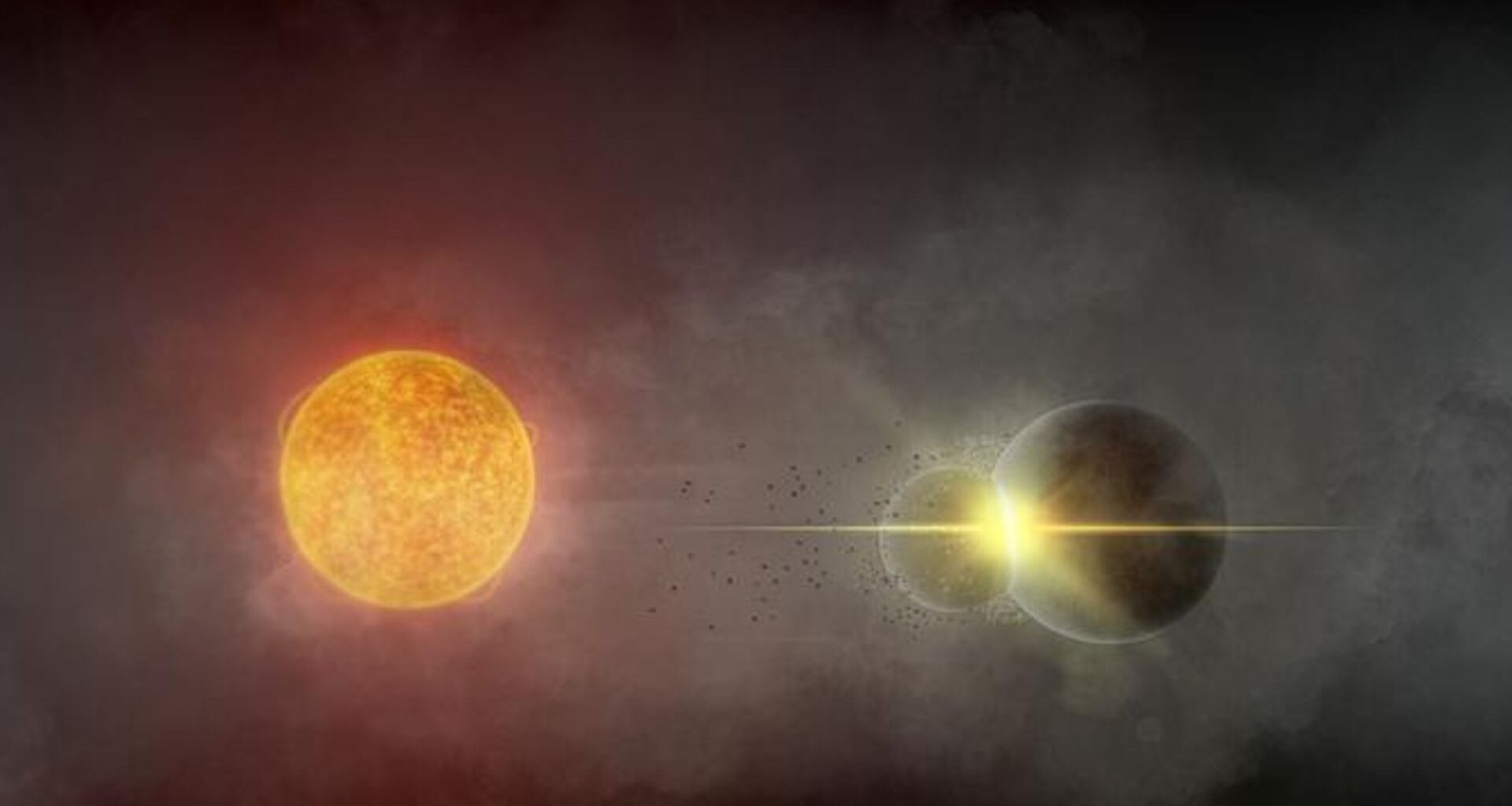 An illustration of two planets colliding to the right of a glowing ball of orange gas, their home star.