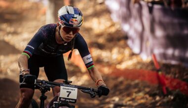 LAKE PLACID, NEW YORK - OCTOBER 05: Kate Courtney of United States competes in the UCI Mountain Bike World Championships Cross Country XCO Women Elite on October 05, 2025 in Lake Placid, New York. (Photo by Piotr Staron/Getty Images)