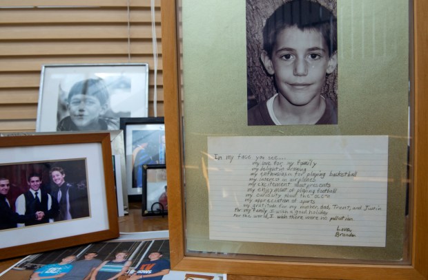 Rose and Allen Nelson display mementos of their eldest son, Brandon, including words he wrote as a child about his curiosity and excitement for the world, at their Santa Monica home. Brandon committed suicide at age 26, in an unlicensed Sovereign Health home where he was supposed to be receiving treatment for mental illness. (Photo by Mindy Schauer, Orange County Register/SCNG)