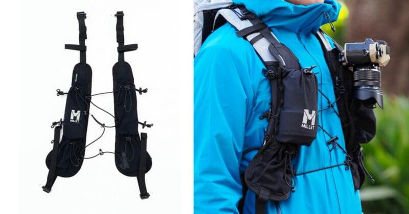 Two black Millet chest pouches shown alone (left) and worn over a blue jacket with a backpack, carrying a camera (right). The pouches are secured across the chest with adjustable straps.