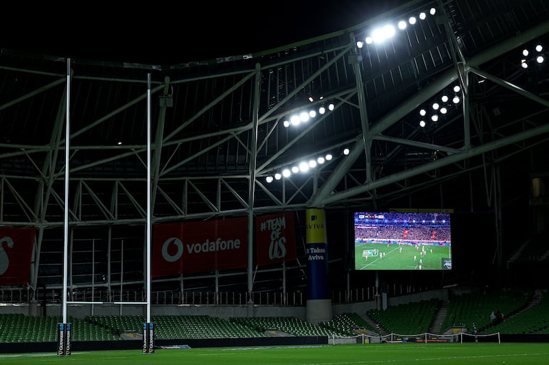 A view of the France vs England game being showed on the big screen in the Aviva. Photograph: Inpho