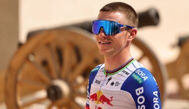 Red Bull-Bora-Hansgrohe's Belgian rider Remco Evenepoel looks on before the sixth stage of the UAE Tour cycling event from al-Ain Museum to Jebel Hafeet in Abu Dhabi on February 21, 2026. (Photo by Fadel SENNA / AFP)