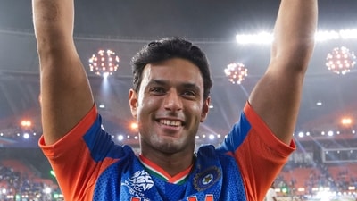 Shivam Dube during celebrations after India won the ICC Men's T20 World Cup 2026. (PTI)