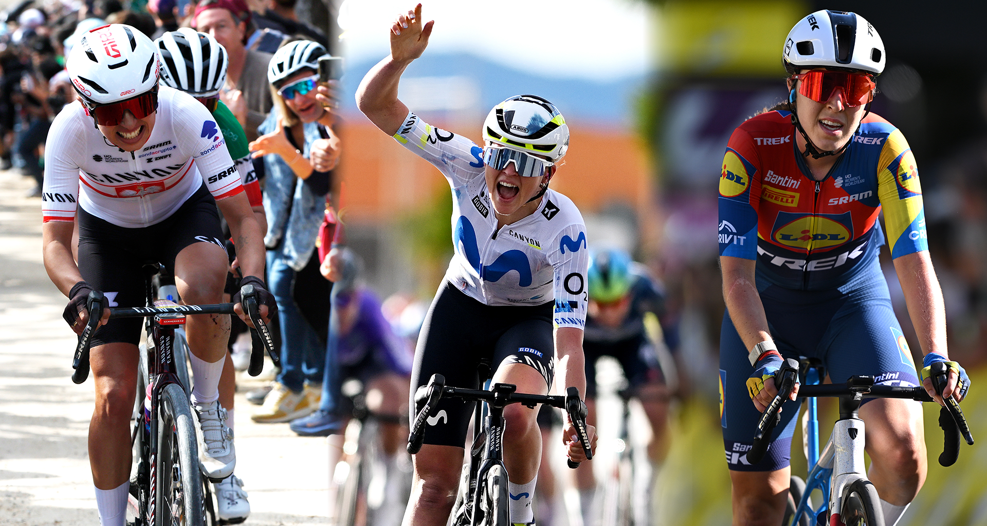 Collage image of Kasia Niewiadoma-Phinney, Cat Ferguson and Shirin van Anrooij
