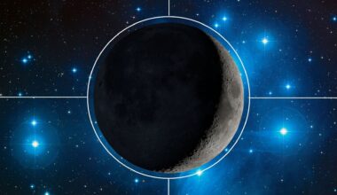 A graphic of a waxing crescent moon is shown surrounded by a white circle with four lines emanating outward at right angles. Blue-white stars are visible in the background.