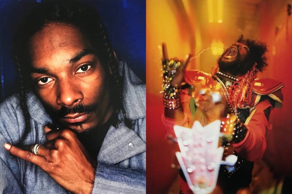 a split screen image showing snoop dogg on the left and George Clinton throwing up the rock devil horns and mugging for the camera on the right