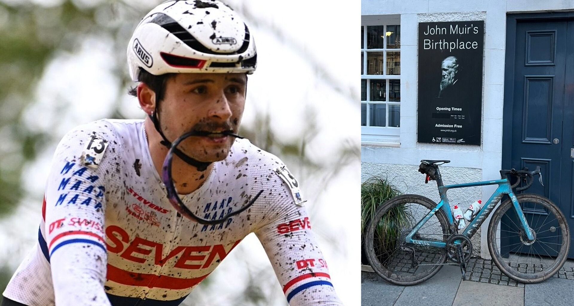 A split image showing Cameron Mason on the left and his bike for the John Muir Way on the right