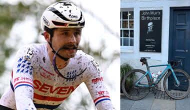 A split image showing Cameron Mason on the left and his bike for the John Muir Way on the right