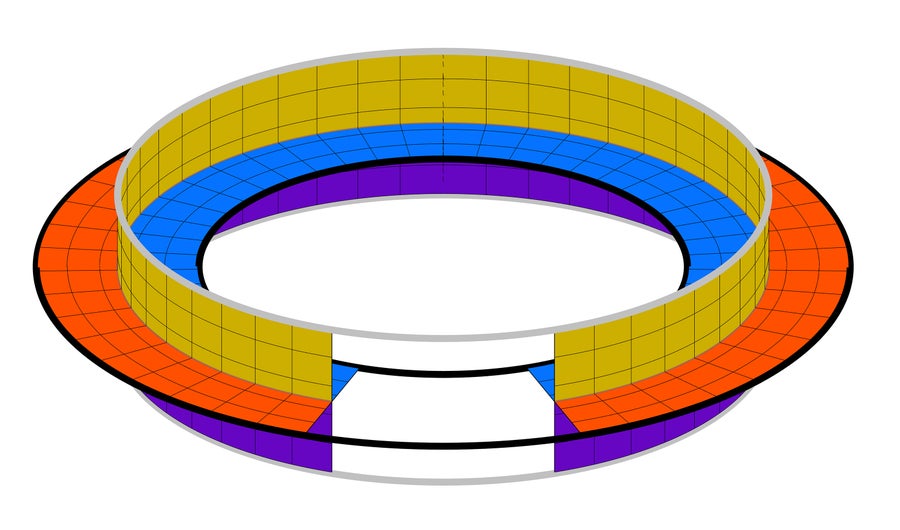 A cross-shaped strip looped around on itself in a ring, with each of the four cross edges colored differently.